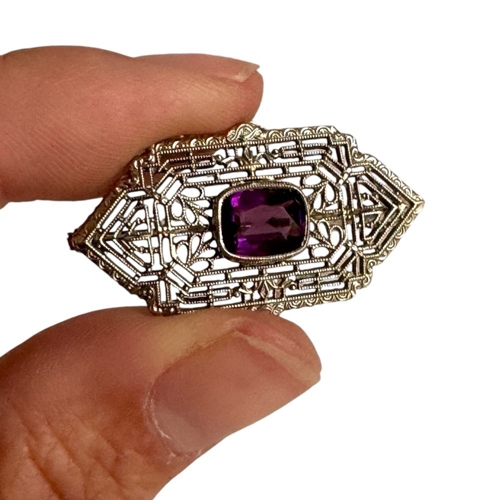 Art Deco 10K White Gold Brooch Filigree‎ Amethyst Pin Ornate Victorian Vintage - Picture 2 of 12